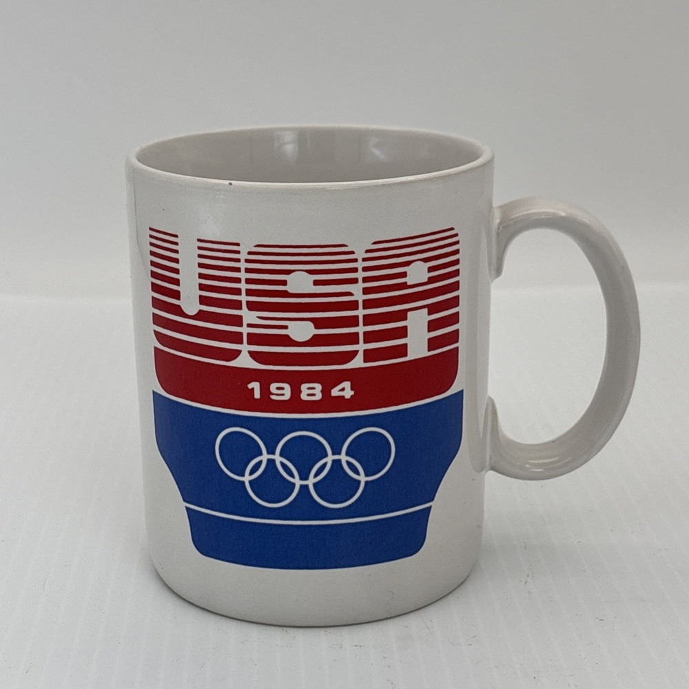 Vintage 1984 Olympics USA Ceramic Coffee Mug Papel Red White Blue Collectible